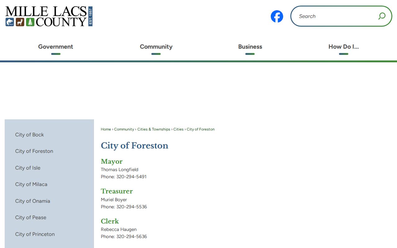 Foreston city contact page that routes Foreston warrant records questions to Mille Lacs County