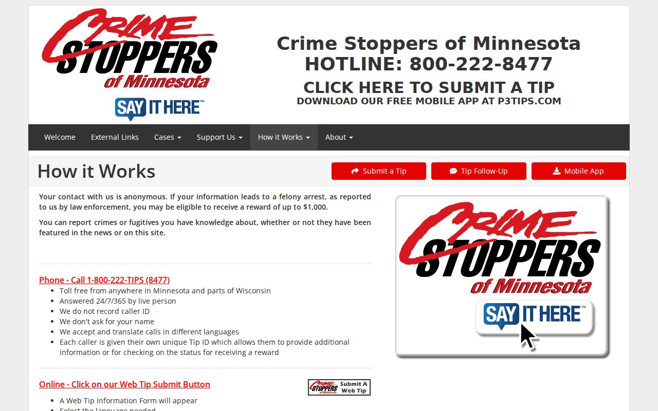 Mille Lacs County warrant tip workflow through Crime Stoppers of Minnesota