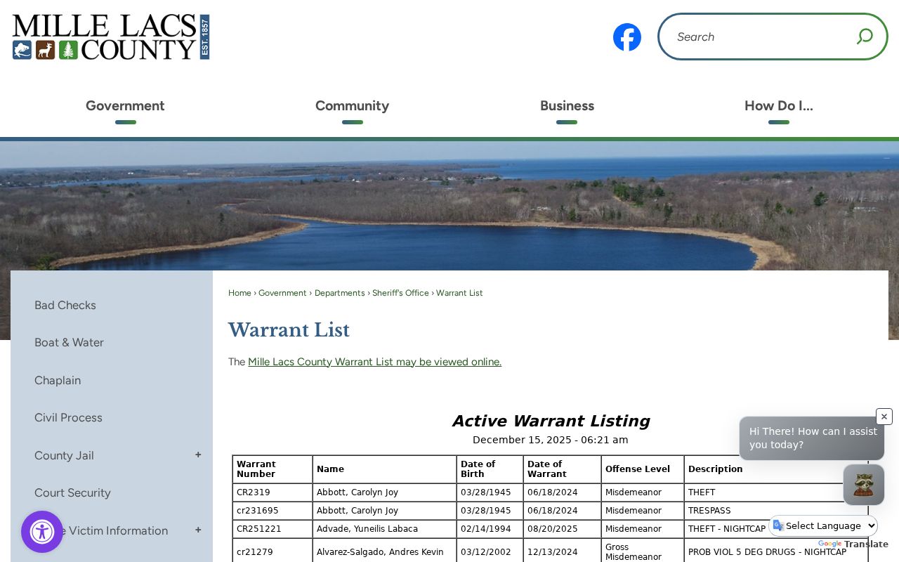 Mille Lacs County warrant records official county Warrant List landing page